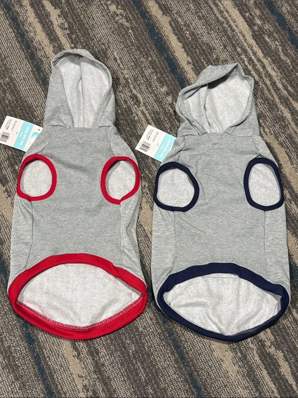NWT Set 2 Gray Hoodie Pet Shirts with Red and Navy Trim. Measures 10.5in across